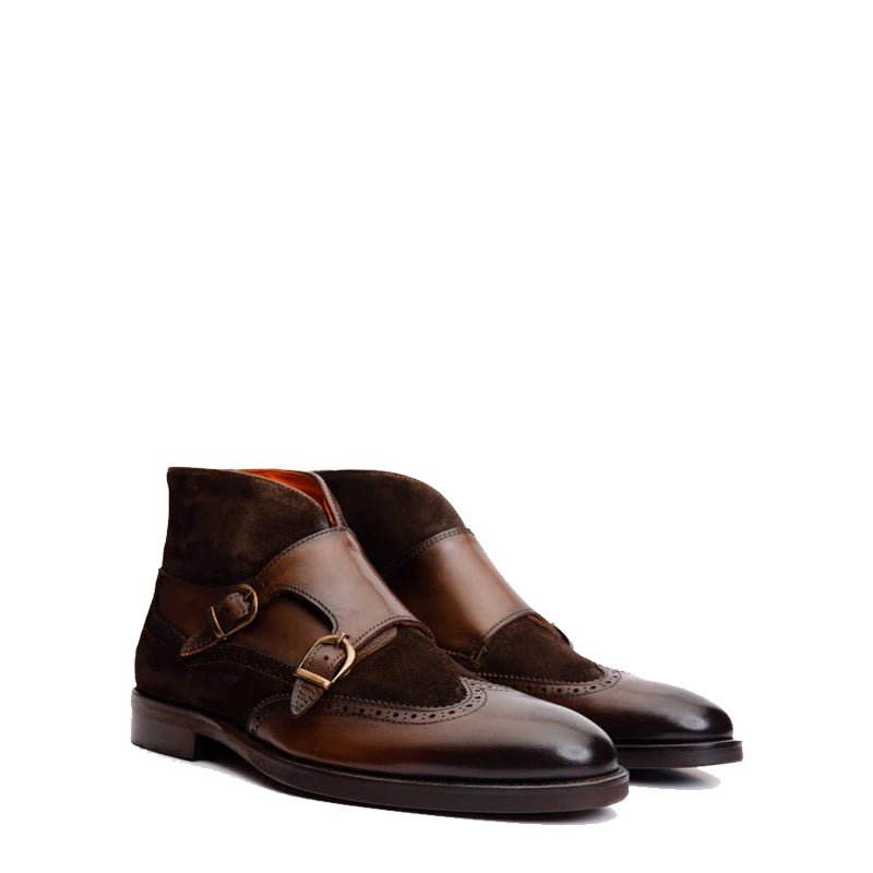 Dark Brown Suede Leather Double Strap Monk Brogue Men Boot