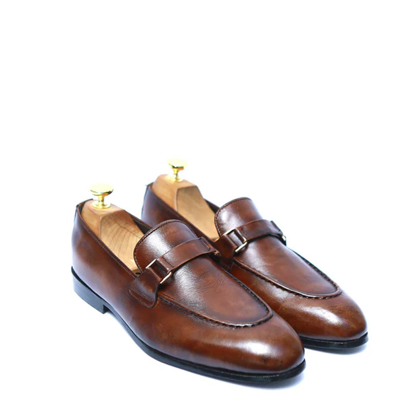 Men Polished Plain Leather Brown Loafer With Buckle