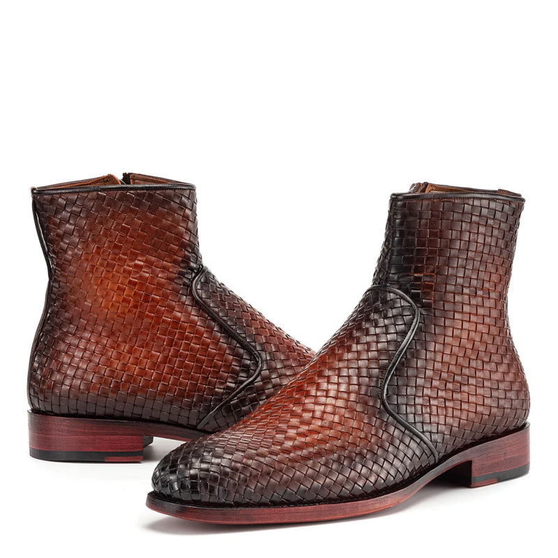 Luxury Stylish Woven Leather Side Zipper Boot Brown