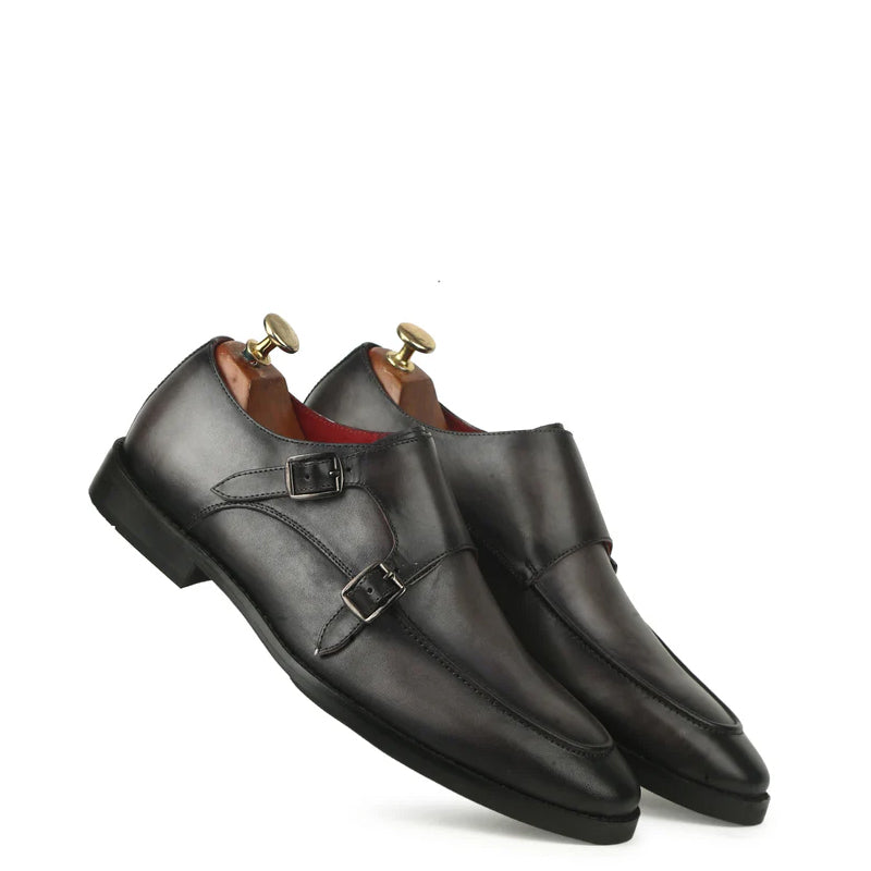 Classic Solid Leather Double Monk Shoe Grey