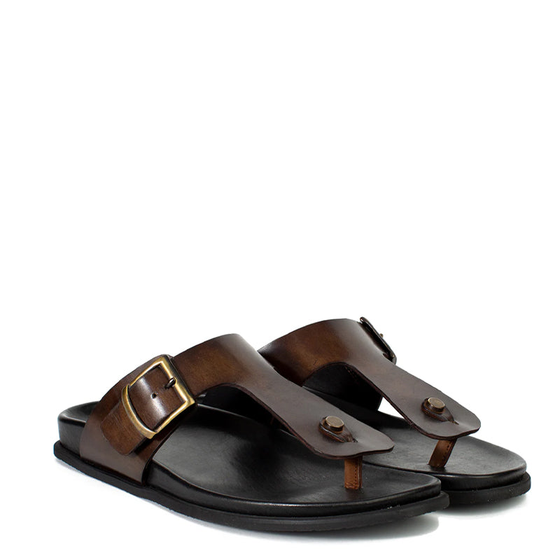 Men Slip-On Leather Brown Buckle Sandal