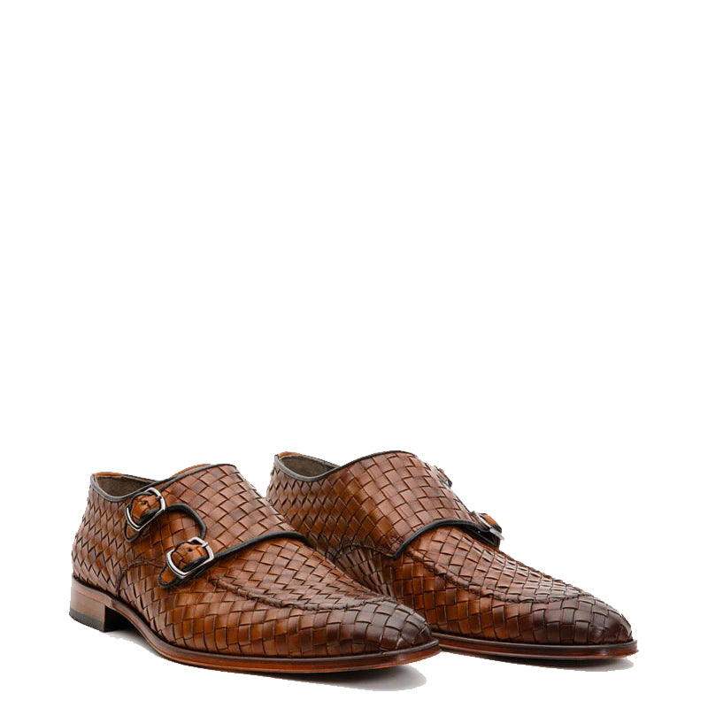 Brown Woven Double Monk Strap Men's Shoes