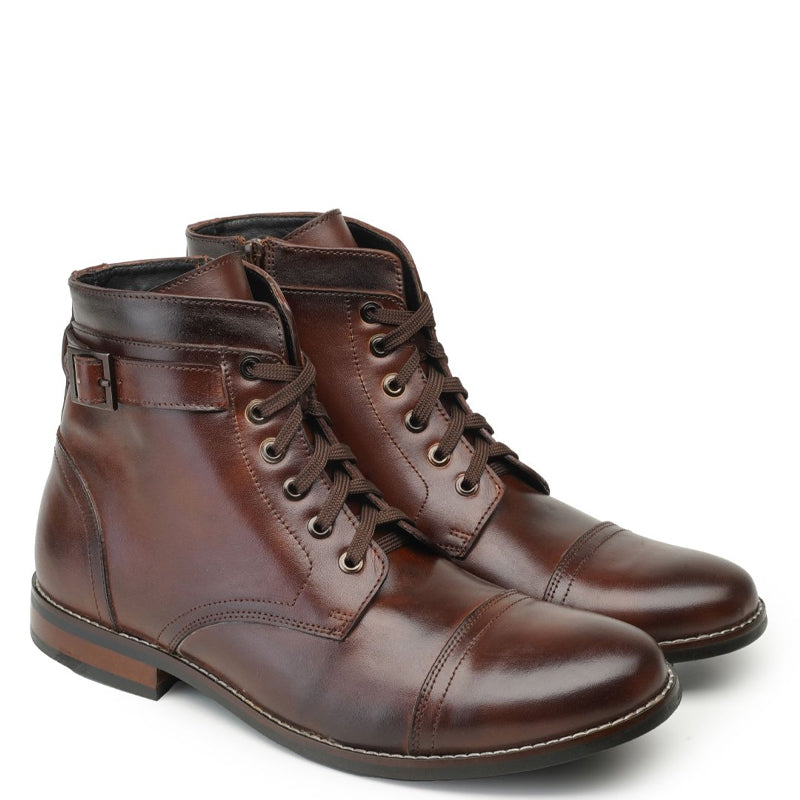 Men Solid High Buckle Leather Ankle Brown Boot