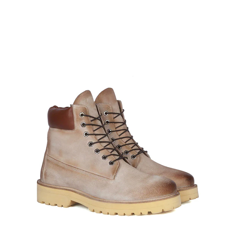 Suede Leather Lace-Up Biker Beige Boot