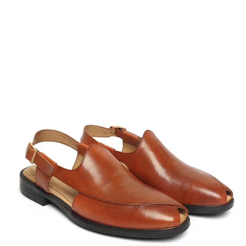 Cross Design Leather Comfort Peshawari Tan Sandal