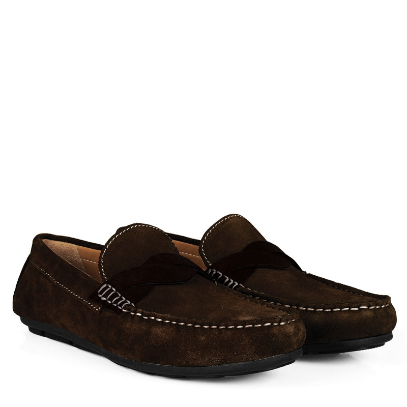 Penny Suede Cross Strap Leather Dark Brown Loafer