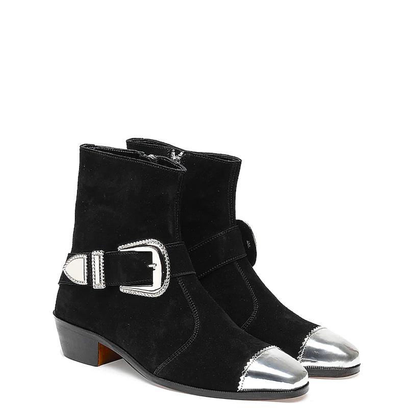 Luxury Suede Stylish Side-Zipper Black Boot With Silver Toe Cap