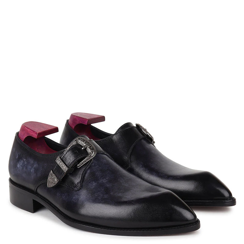 Plain Leather Single Monk Black Shoe With Side Buckle