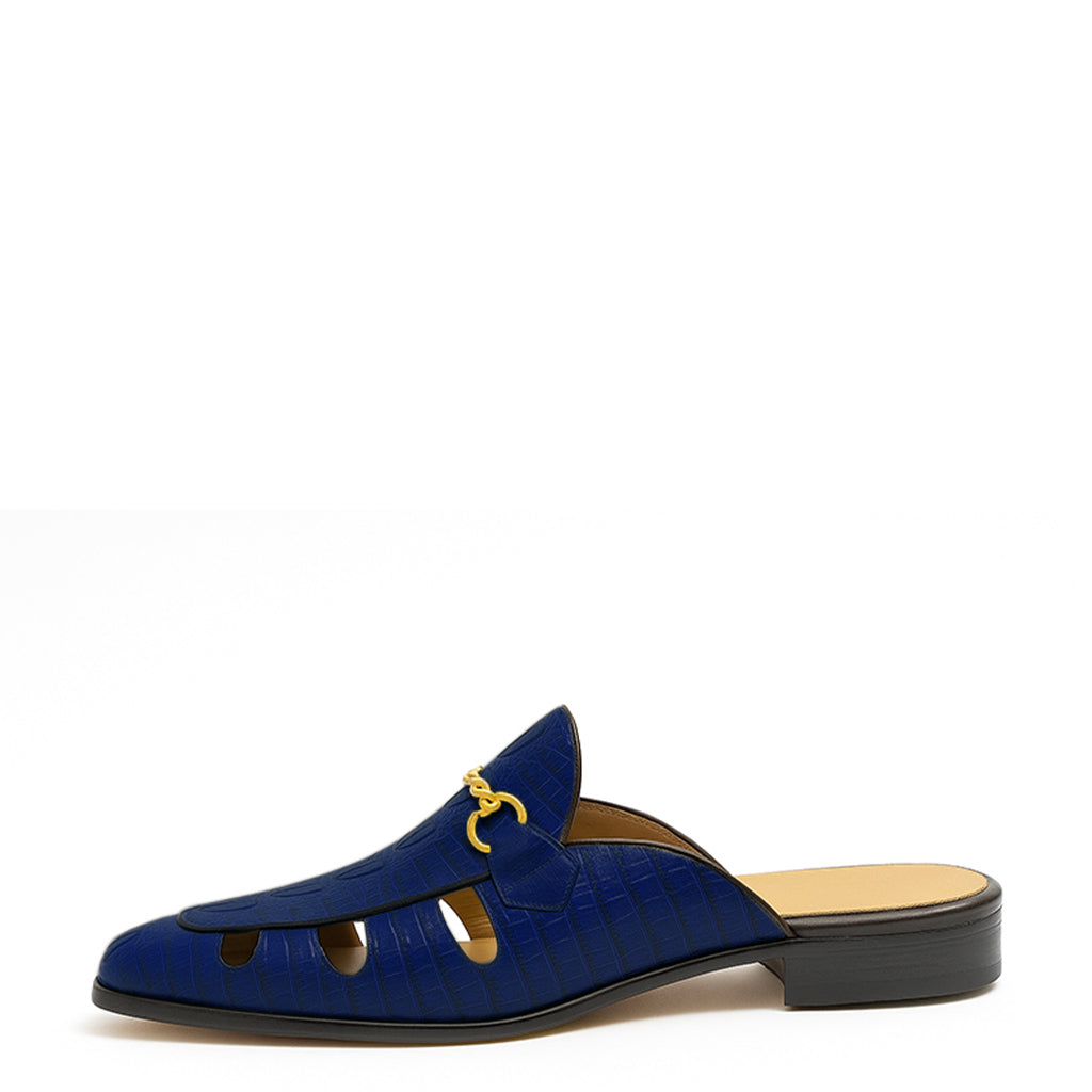 Embellished Textured Leather Mule Blue