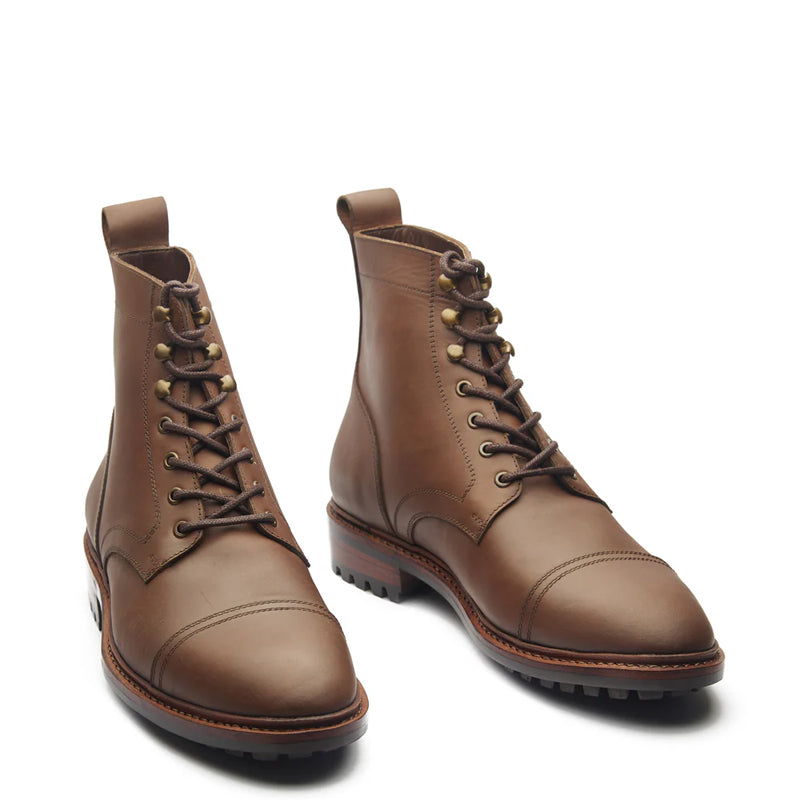 Premium Leather Lace-Up Cap-Toe Derby Boot Brown
