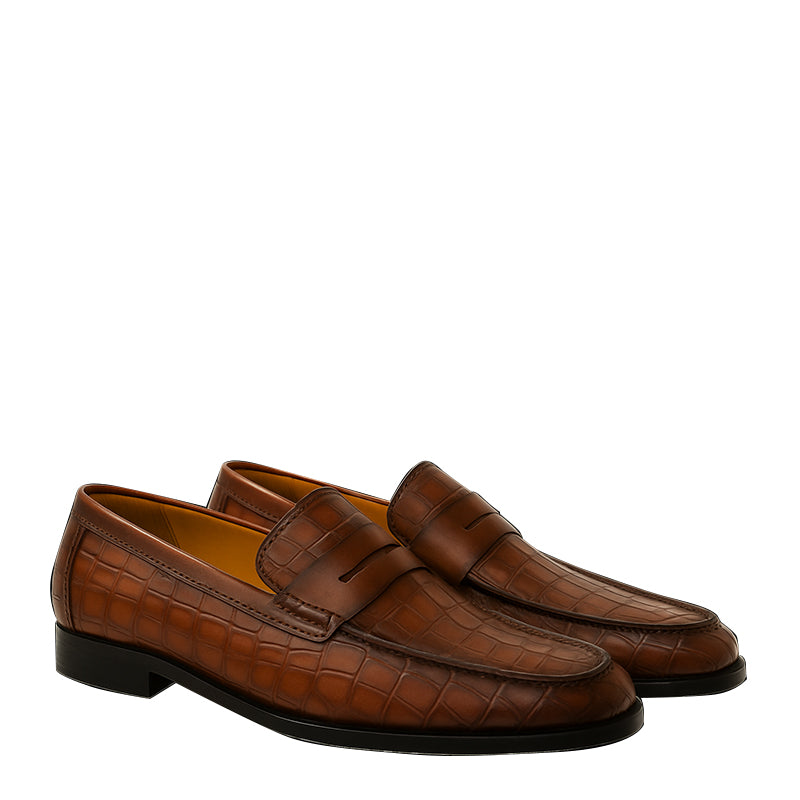 Penny Brown Crocodile-Textured Leather Loafer