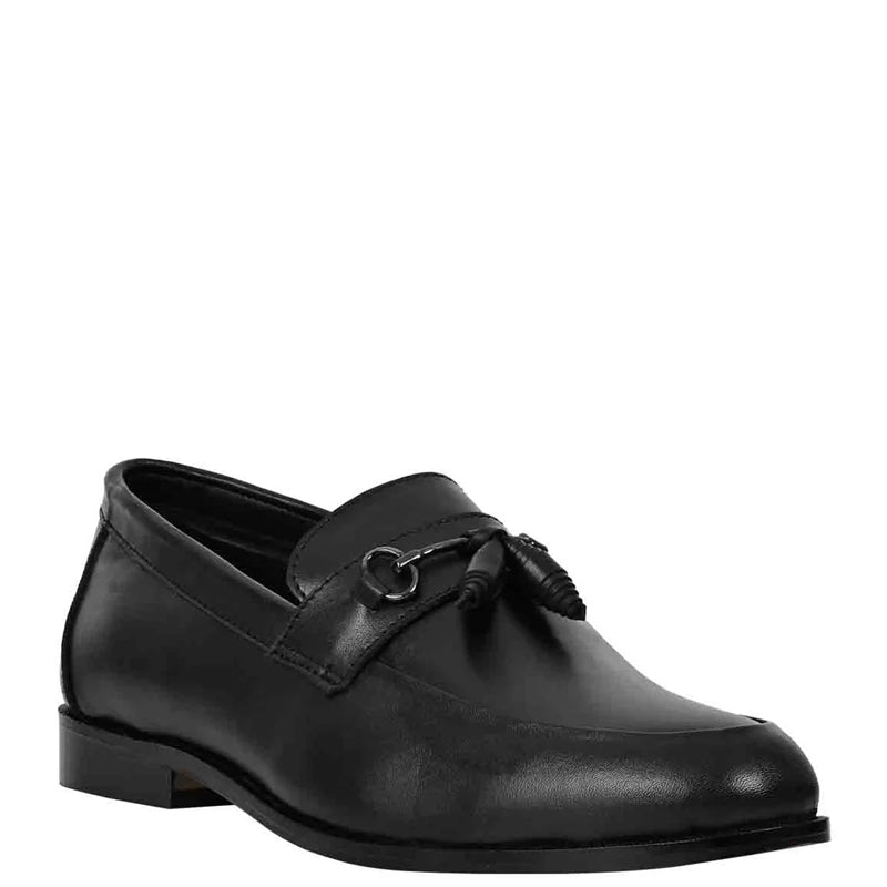 Men Polished Leather Tassel Black Loafer
