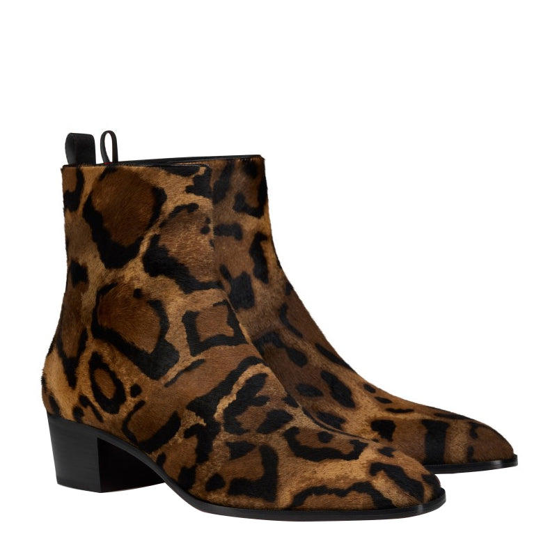 Men's Leopard Print Wild Elegance Rounded Toe Boot with Mid Block Heel