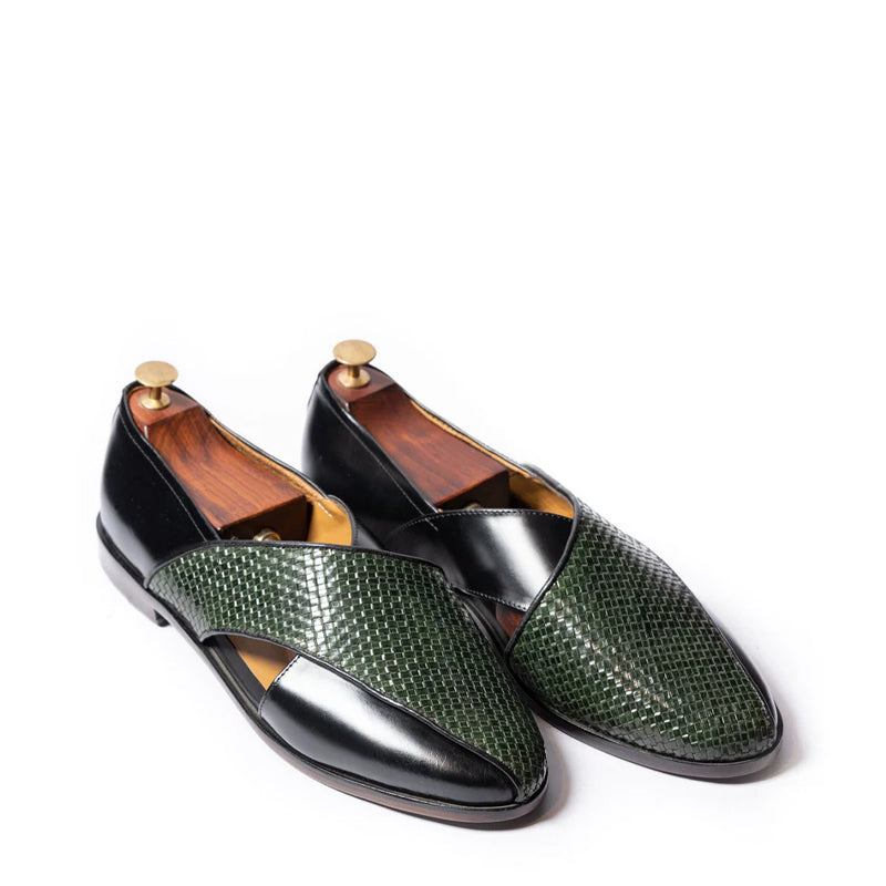 Woven Texture Shiny Leather Peshawari Black and Green Sandal