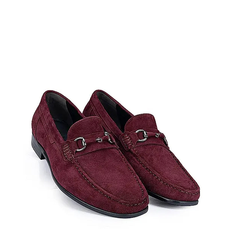 Suede Leather Formal Horsebit Buckled Loafer Burgundy
