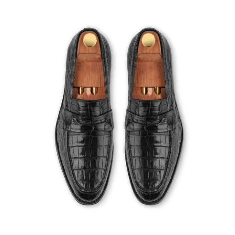 Handmade Croco Print Penny Leather Black Loafer
