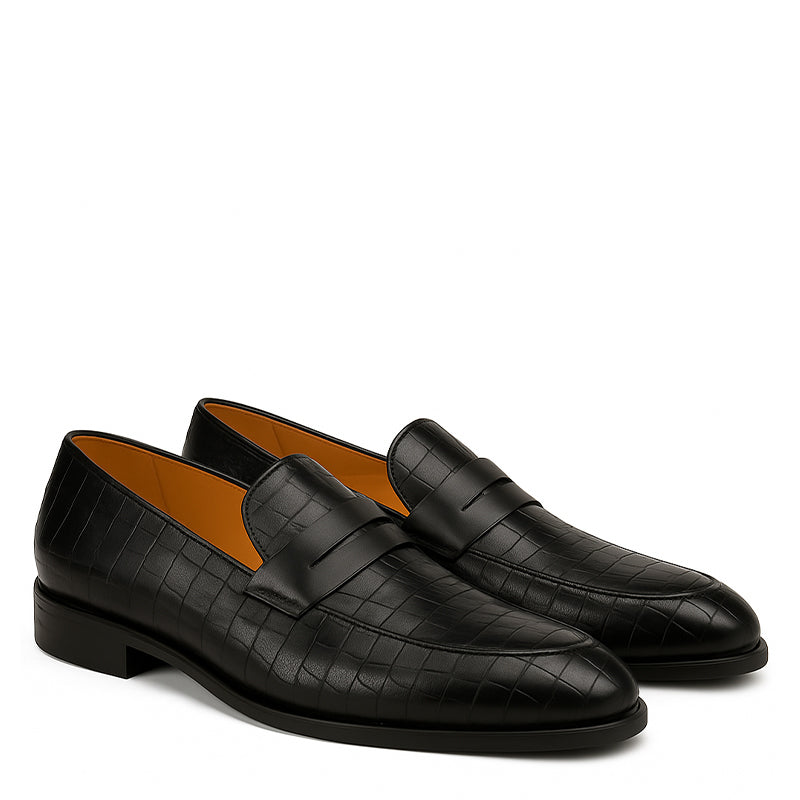 Italian Black Leather Loafer with Textured Pattern
