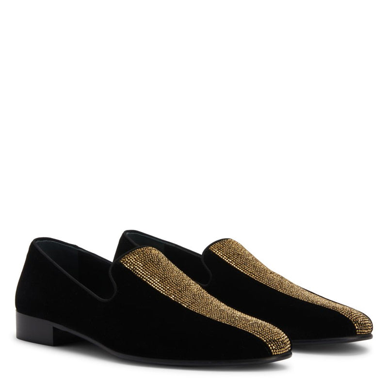 Handmade Gold Design Suede Leather Fashion Black Loafer