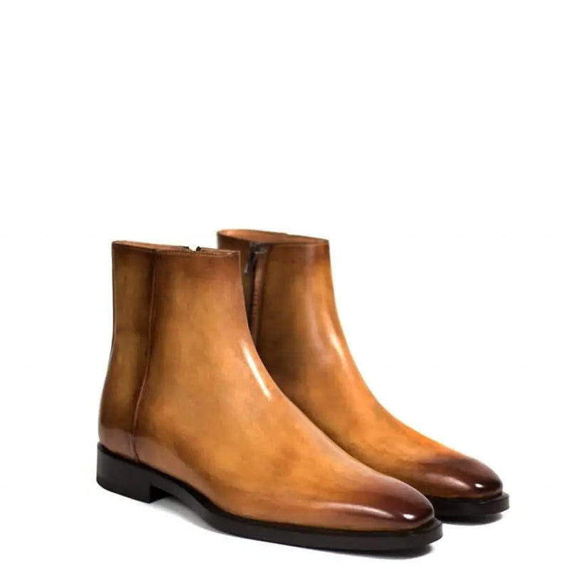 Classic Midnight Shiny Leather Side-Zipper Tan Boot