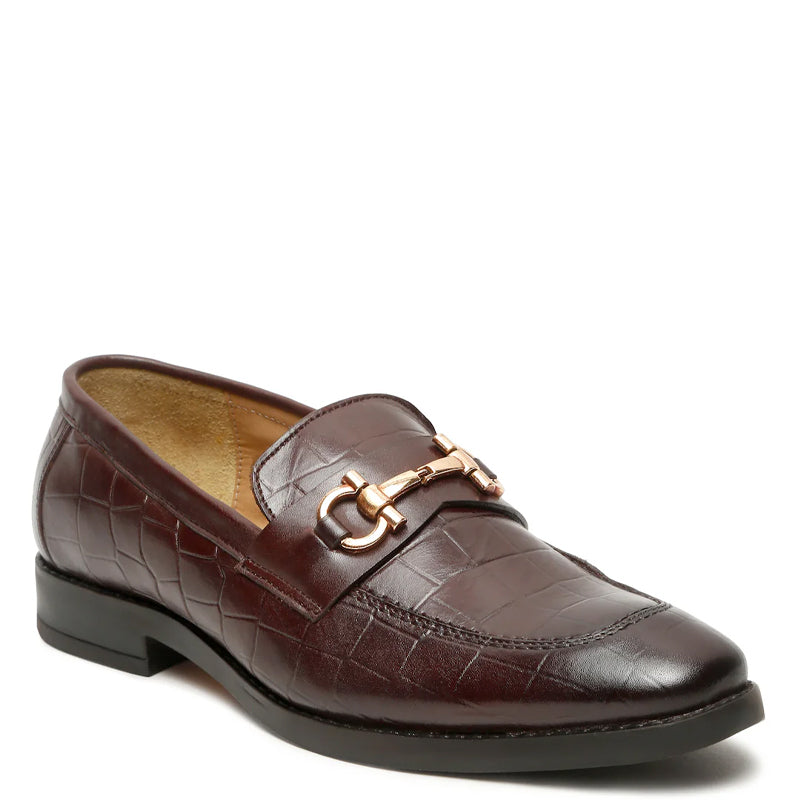 Men Solid Leather Horsebit Buckled Brown Loafer