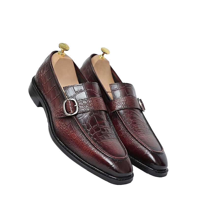 Crocodile Textured Monk Strap Leather Loafer Brown