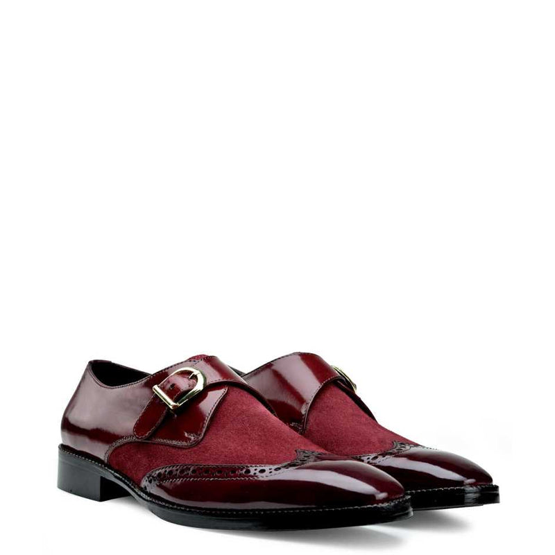 Wingtip Suede Shiny Leather Monksrtaps Shoe Burgundy