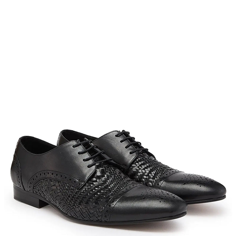 Men Handmade Leather Black Woven Textured Oxford Shoe