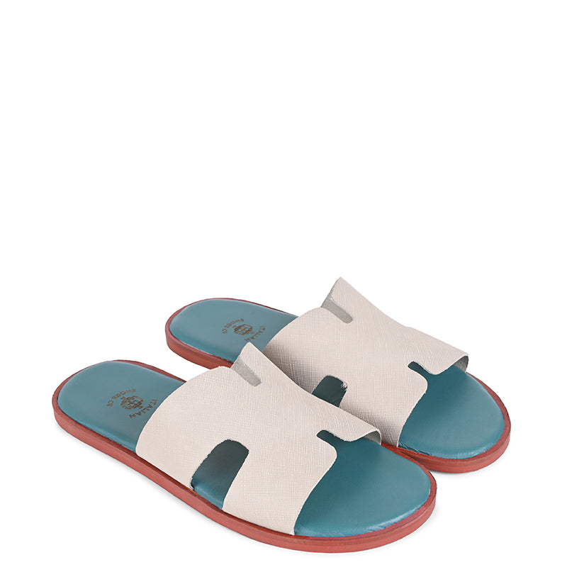 Luxury H-Style Leather Sky Blue Slipper For Men