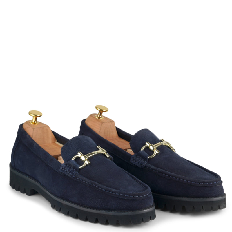 Suede Leather With Horse-bit Buckled Blue Loafer
