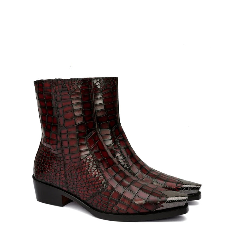 Luxury Croco Print Leather Side-Zipper Boot Black