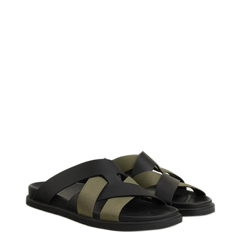 Men Textured Leather Comfort Black/Green Sandal