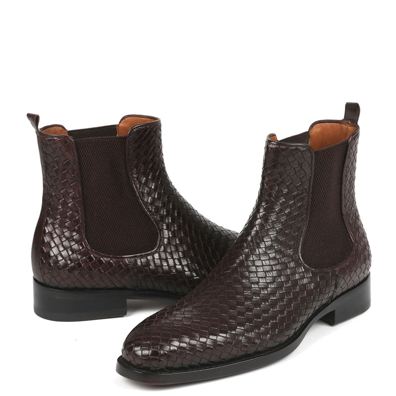 Woven Handmade Shiny Leather Chelsea Brown Boot