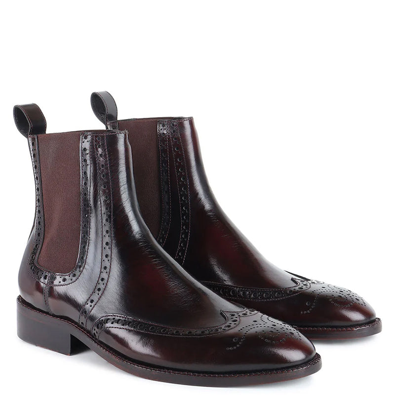 Wingtip Pure Leather Chelsea Burgundy Boot For Men