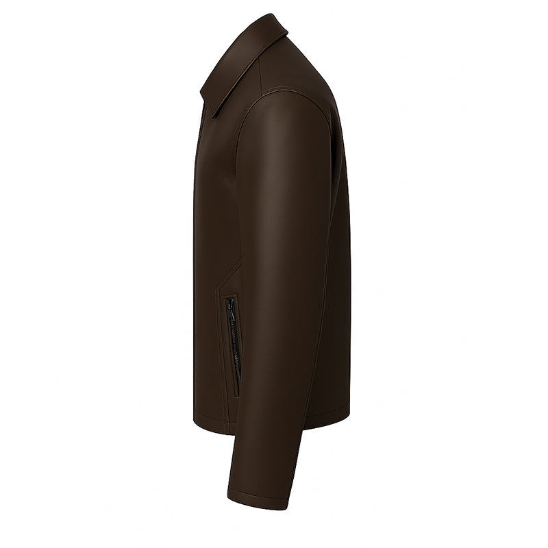 Men's Plain Casual Brown Leather Jacket with Collar