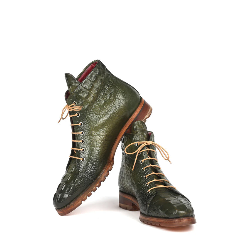 Men Crocodile Embossed Leather Ankle Boot Green