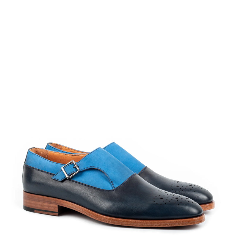 Men Handmade Leather Single Monk Straps Blue Shoe