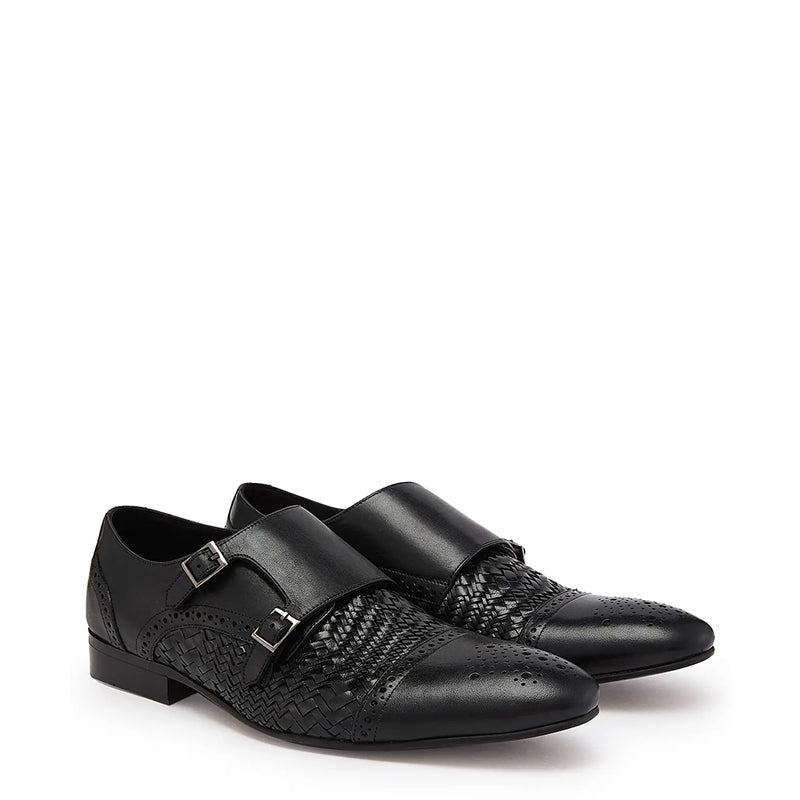 Men Woven Textured Leather Double Monk Shoe Black