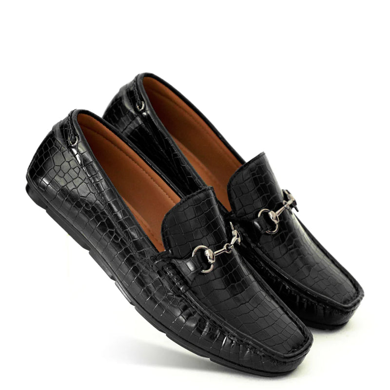 Croco Pattern Leather Horsebit Buckled Black Loafer