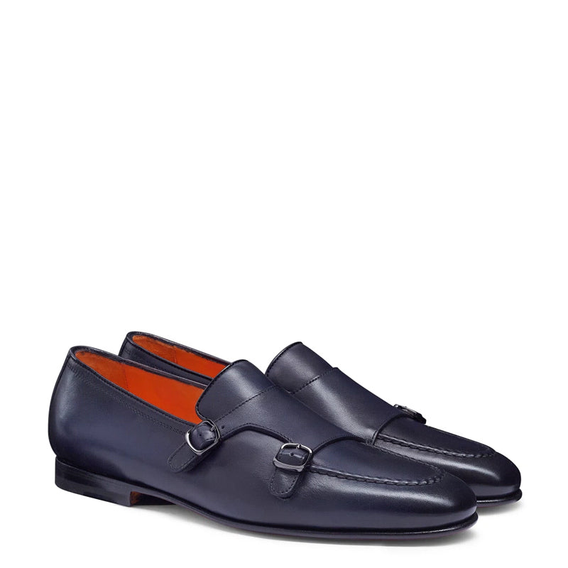 Men Blue Polished Double Buckle Leather Loafer