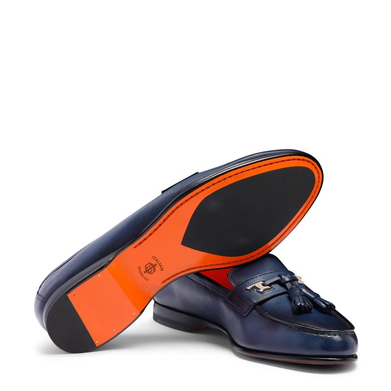Polished Leather Tassel Blue Loafer For Men