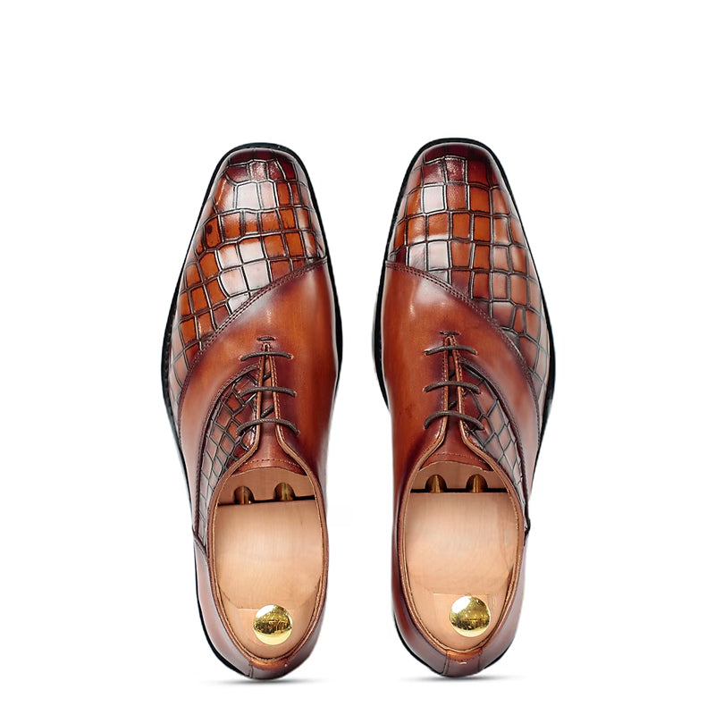 Crocodile Textured Leather Oxford Shoe Tan