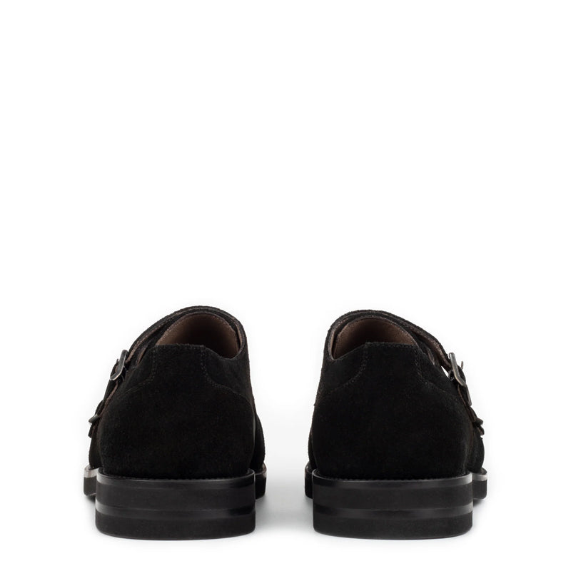 Men Suede Leather Double Monk Straps Black Shoe
