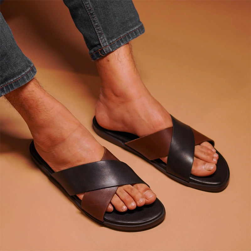 Cross Style Premium Solid Leather Black / Brown Slipper