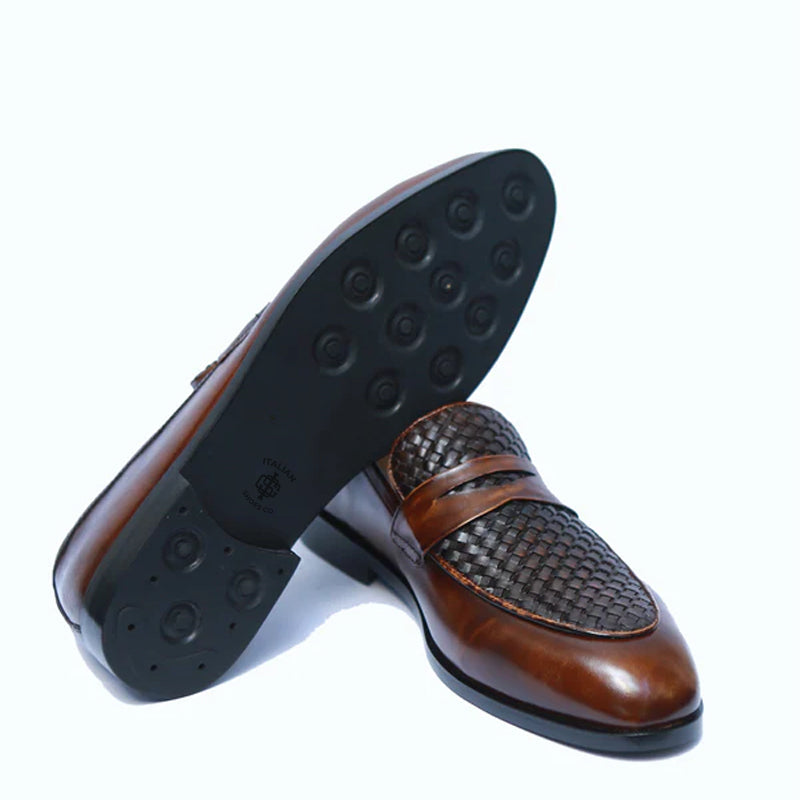 Men Handwoven Two Tone Brown Penny Leather Loafer