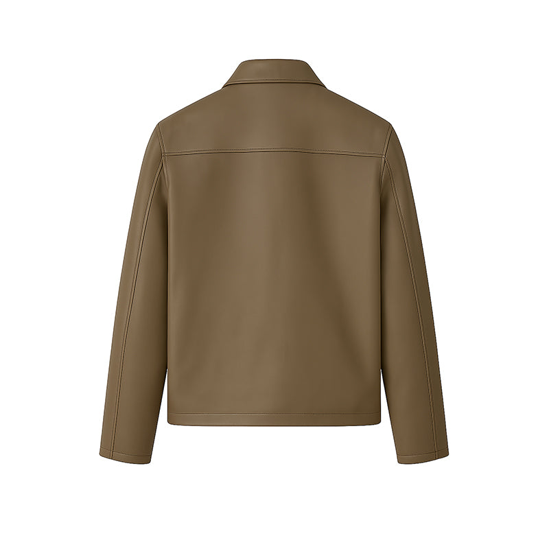 Men's Plain Casual Beige Leather Jacket with Collar