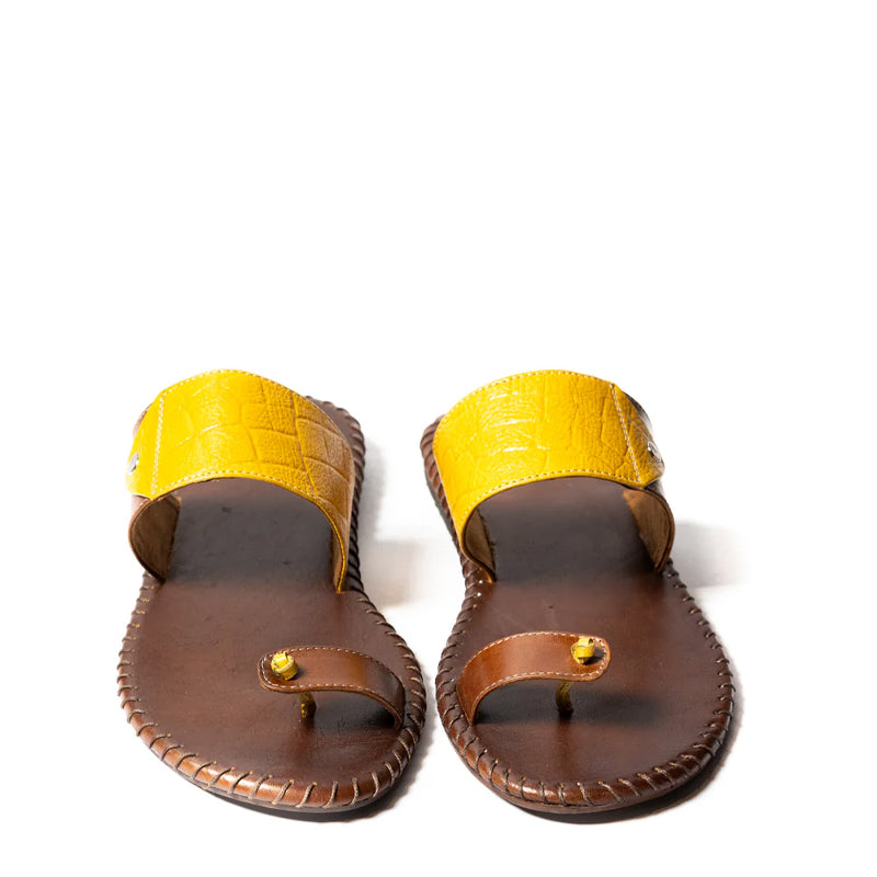 Handmade Comfort Leather Stitch Yellow and Brown Slipper
