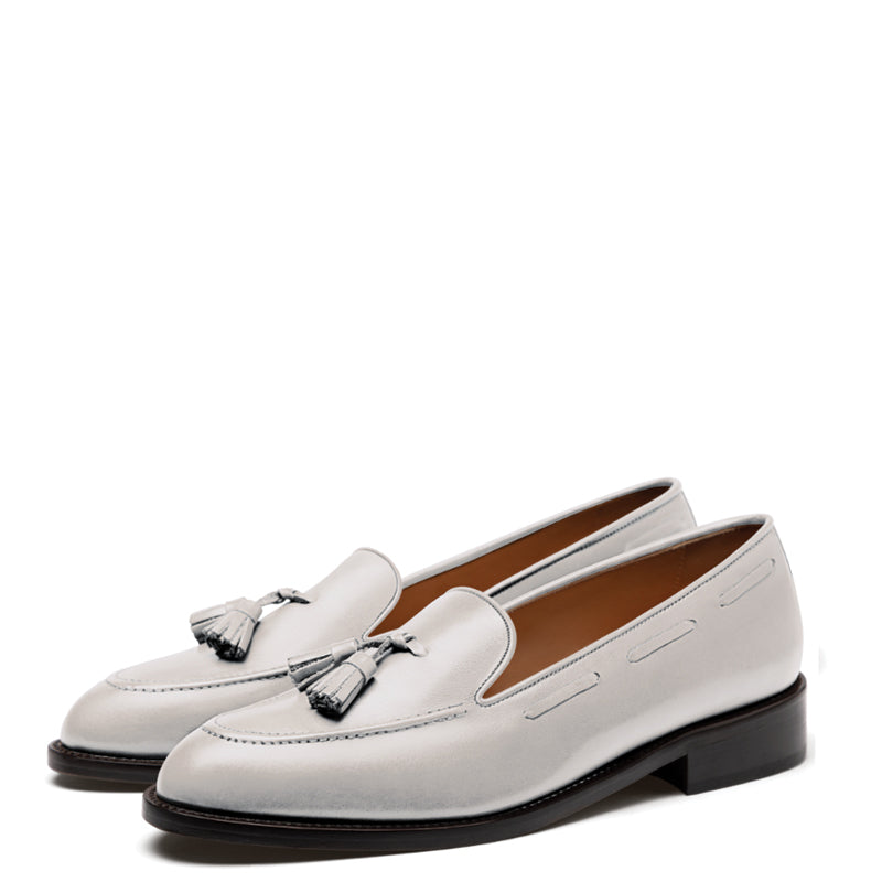 Men Handmade Solid Leather Tassel White Loafer