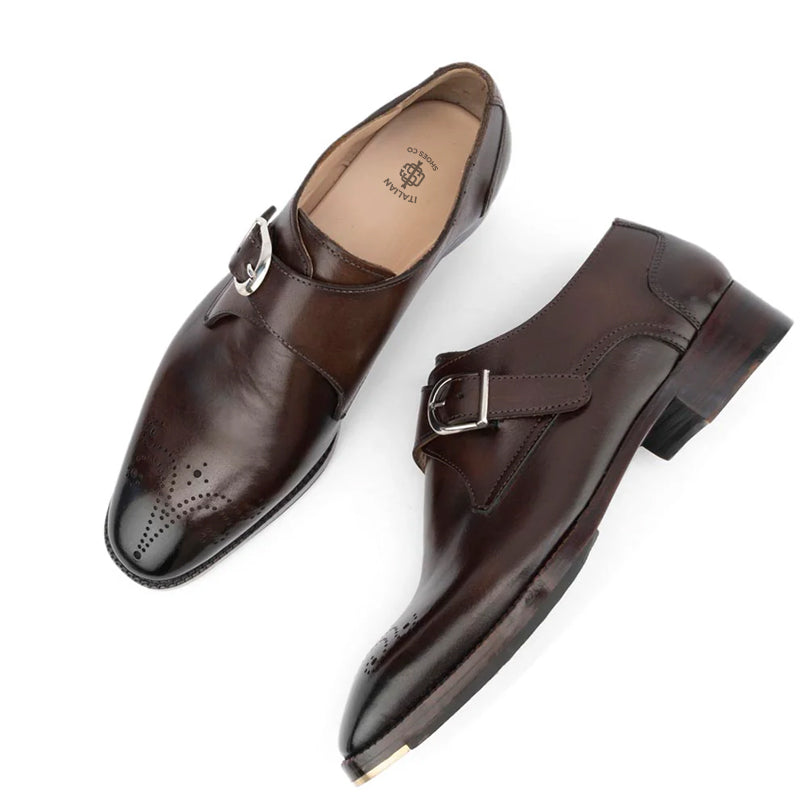 Glossed Square Toe Leather Single Monk Strap Shoe Brown