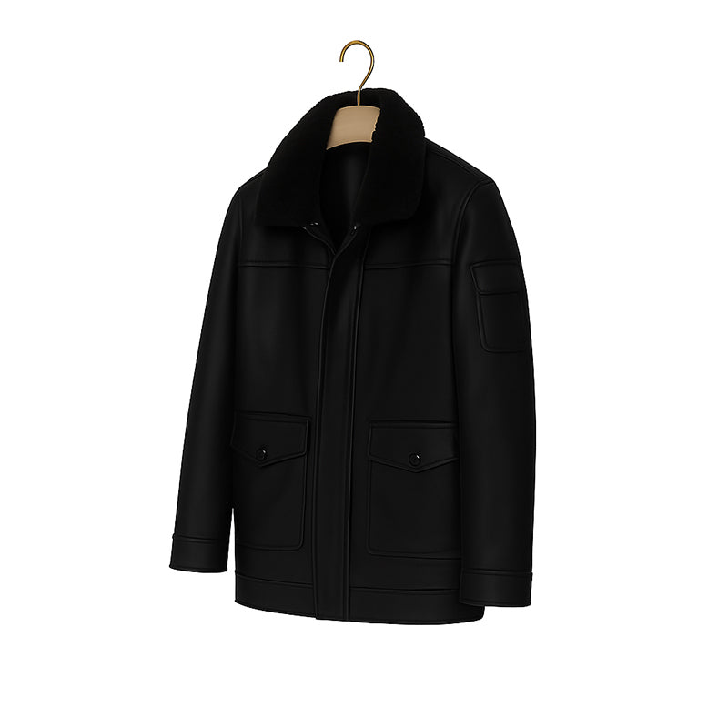 Men's Luxurious Burgundy Front Pocket Jacket with Fur Collar