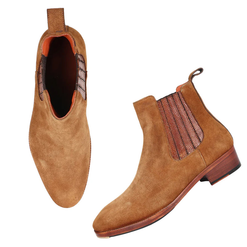 Suede Modern Chelsea Tan Boot With Leather Elastic
